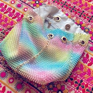 Beautiful purse rainbow colored bag sequence like beads rose gold chain colorful